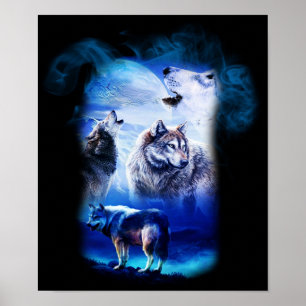 Póster Fantasy Wolf Moon Mountain