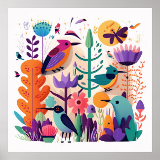 Póster Farbenfrohes Vogelposter Kinderzimmerposter, cute