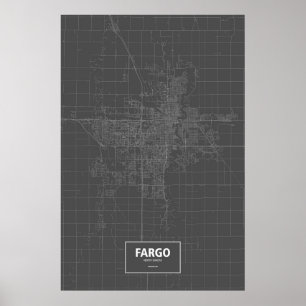 Póster Fargo, Dakota del Norte (blanco sobre negro)