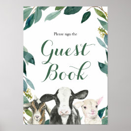 Póster Farm Animal Greenery Boy Baby Shower Guest Book