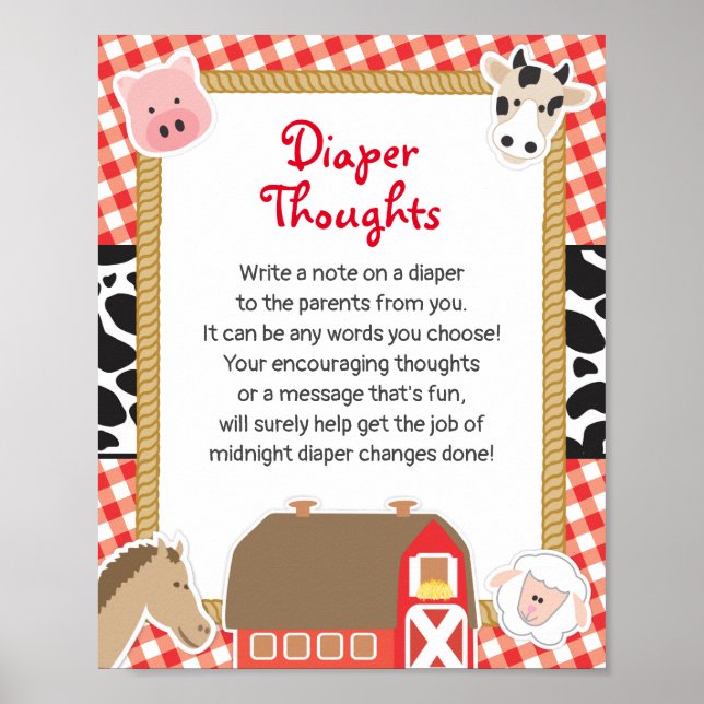 Póster Farm Animals Diaper Thoughts Baby Shower Game Rótu (Frente)