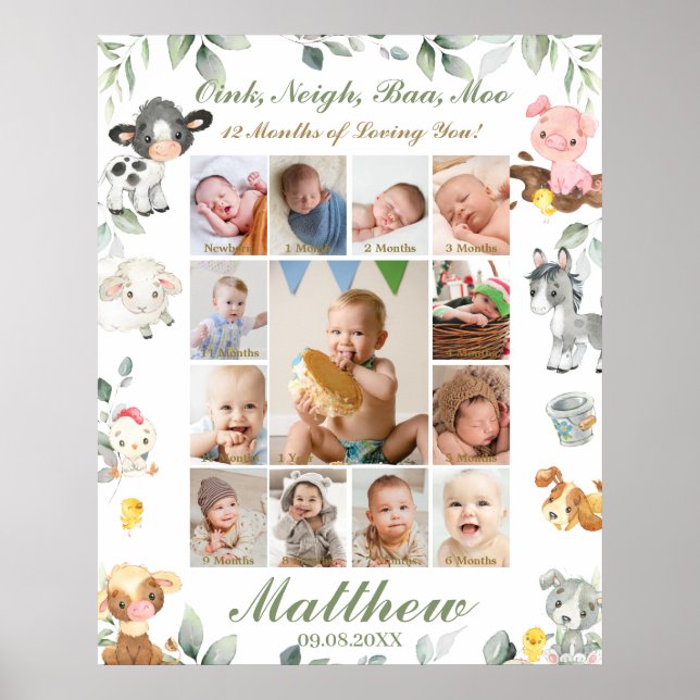 Póster Farm Animals First Year Photo Collage Milestone  P (Frente)