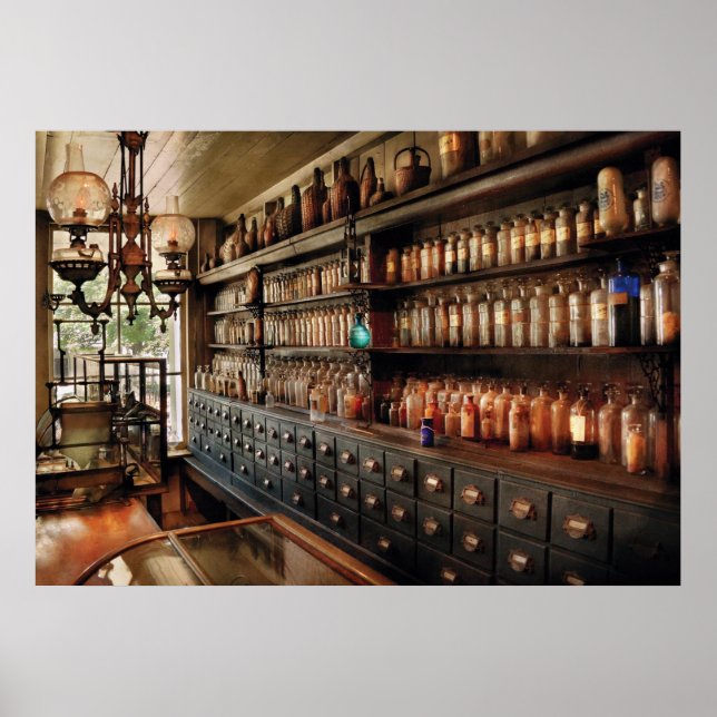 Póster Farmacia - Tantos cajones y botellas (Frente)