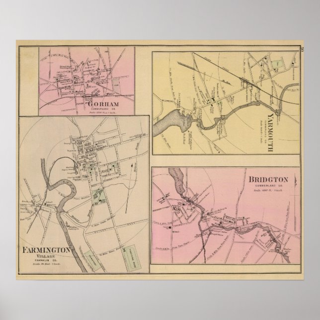 Póster Farmington, Gorham, Yarmouth, Mapa de Bridgton (Frente)