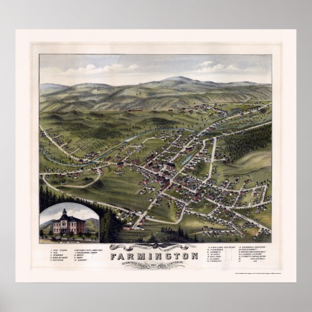 Póster Farmington, Mapa Panorámico NH - 1877 (Frente)