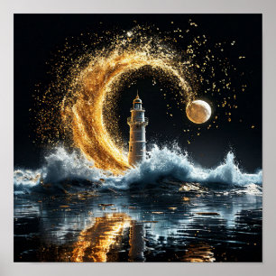 Póster 🌙 Faro bajo la luna dorada noche costera