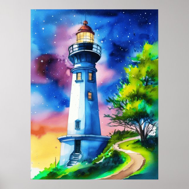 Póster Faro bajo un cielo estrellado (Frente)