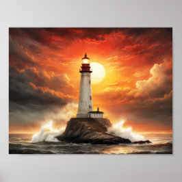 Póster Faro blanco en un mar tormentoso al atardecer