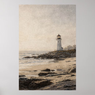 Póster Faro blanco en una orilla rocosa
