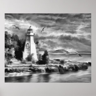 Póster Faro blanco y negro del océano de la puesta del