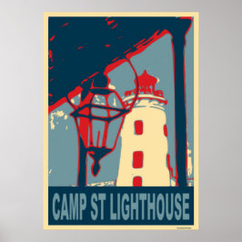 Póster Faro Camp St en azul y rojo.