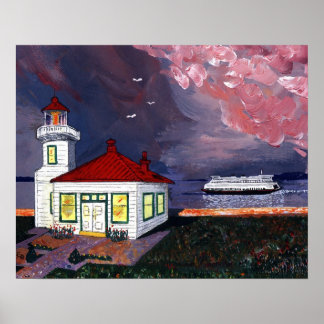 Póster Faro con ferry