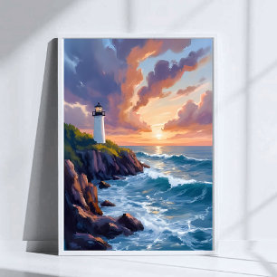 Póster Faro Costero Atardecer   Pintura de Playa y Océano