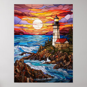 Póster Faro Costero de Cristal Emplomado Atardecer