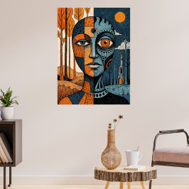 Póster Faro Costero Doble Exposición Acuarela