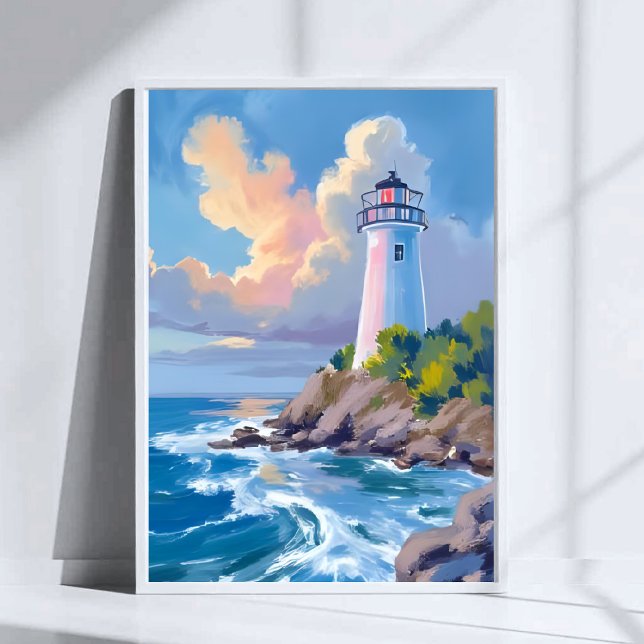 Póster Faro costero | Olas del mar azul del océano (Subido por el creador)