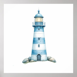 Póster Faro de Acuarela Azul y Blanco