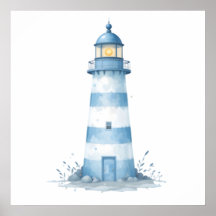 Faro de Acuarela Azul y Blanco