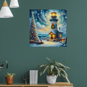Póster Faro de árbol de navidad azul costero náutico