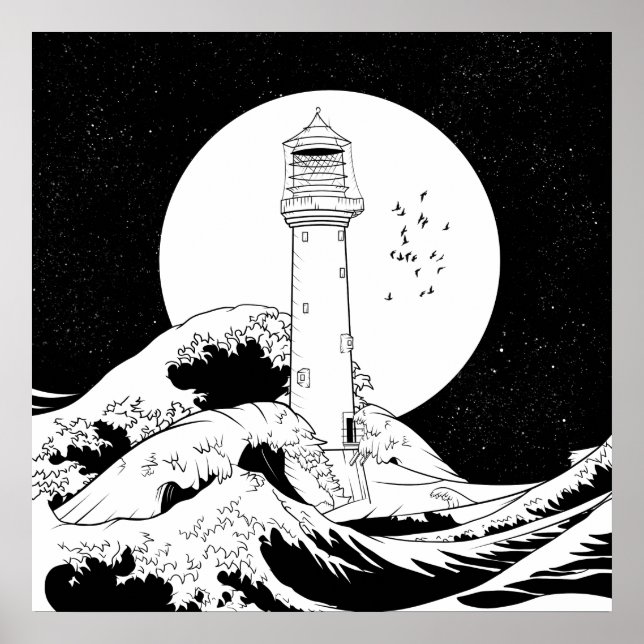 Póster Faro de Bell Rock blanco y negro (Frente)