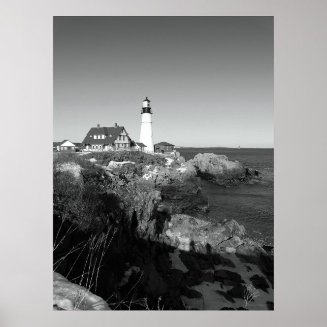 Póster Faro De Cabeza De Portland Blanco Y Negro (Frente)