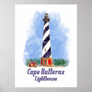 Póster Faro de Cape Hatteras acuarela Carolina del Norte