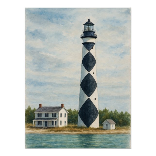 Póster Faro de Cape Lookout Acuarela (Anverso)