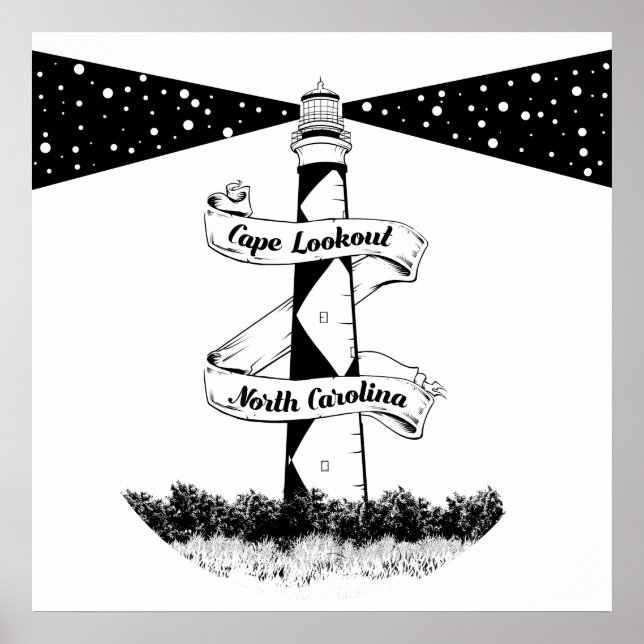 Póster Faro de Cape Lookout negro y blanco (Frente)