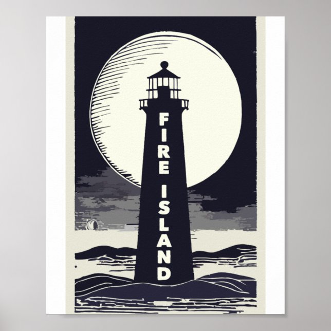 Póster Faro de Fire Island Nueva York Luna  (Frente)