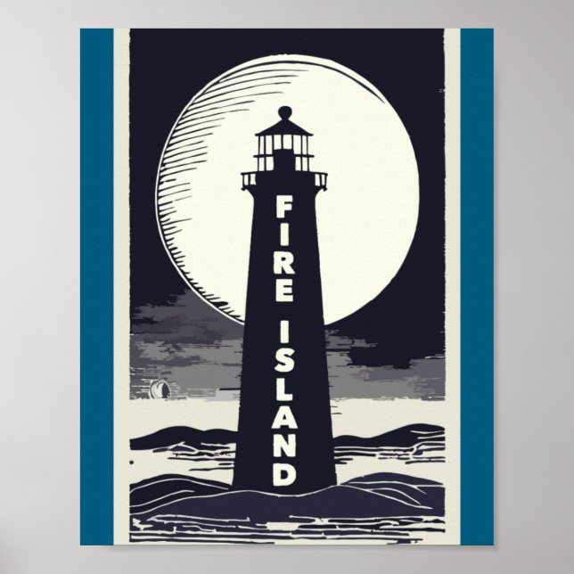 Póster Faro de Fire Island Nueva York Luna  (Frente)