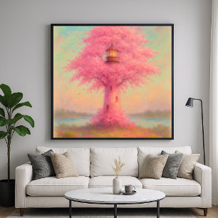 Póster Faro de Flor de Cerezo - Estilo de Pintura Pastel