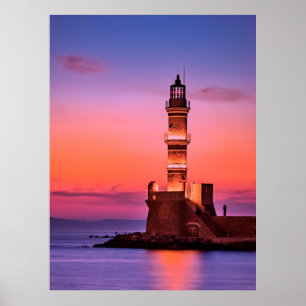 Póster Faro de Grecia por la Noche