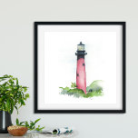 Póster Faro de Júpiter<br><div class="desc">Esta pintura acuarela del icónico faro Júpiter le da un toque de encanto tropical a su casa. Perfecto para la decoración de la playa en habitaciones, espacios de oficinas o zonas de estar, esta pieza captura la belleza del paisaje oceánico de Florida. Los tonos rojos de este arte playero lo...</div>