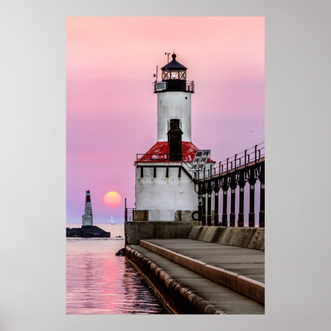 Póster Faro de la ciudad de Michigan y barco de vela Sund (Frente)