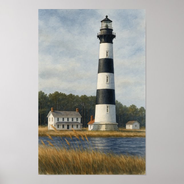 Póster Faro de la Isla Bodie Acuarela (Frente)