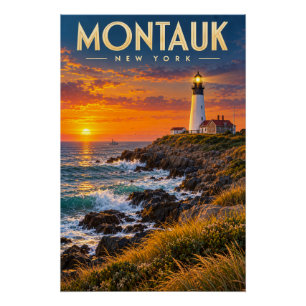 Póster Faro de Montauk Point al atardecer Nueva York 