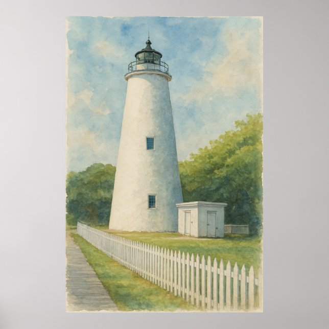 Póster Faro de Ocracoke en acuarela (Frente)