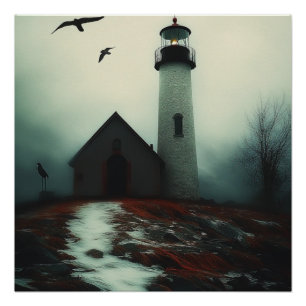 Póster "Faro de soledad en niebla"