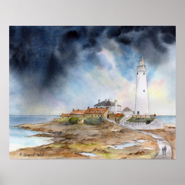Póster Faro de St Marys Whitley Bay Watercolor (Frente)