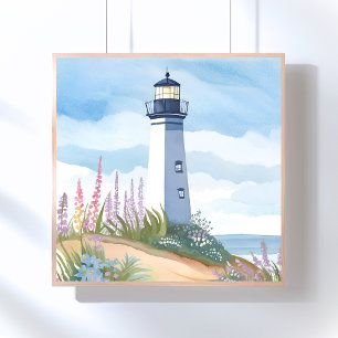 Póster Faro en Flor   Floral Acuarela Costera