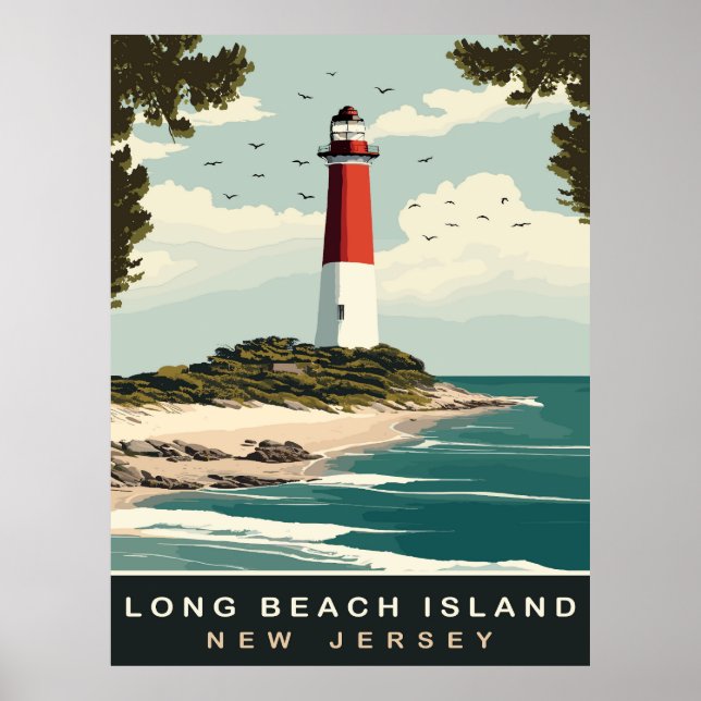 Póster Faro en la costa de Long Beach Island, Viajes (Frente)