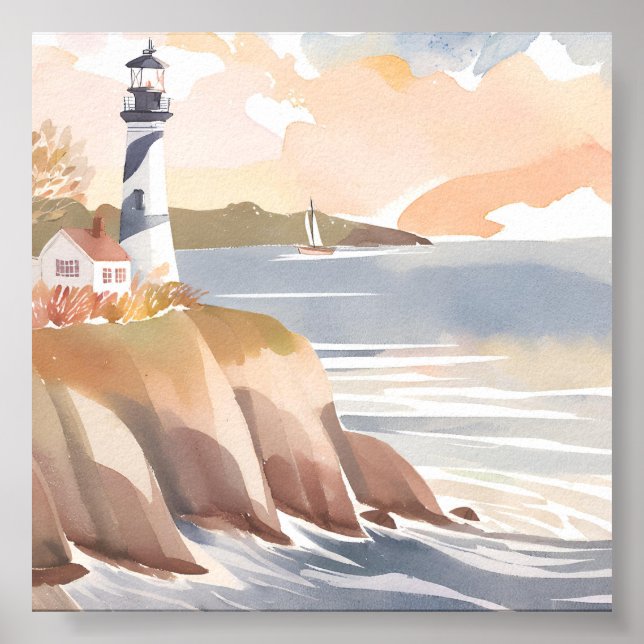 Póster Faro en la Costa | Océano Acuarela (Frente)