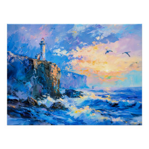 Póster Faro en la costa rocosa Impresionante de la costa