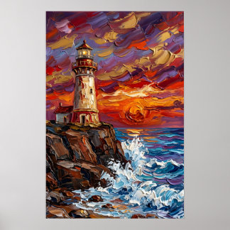 Póster Faro en puesta de sol dramática