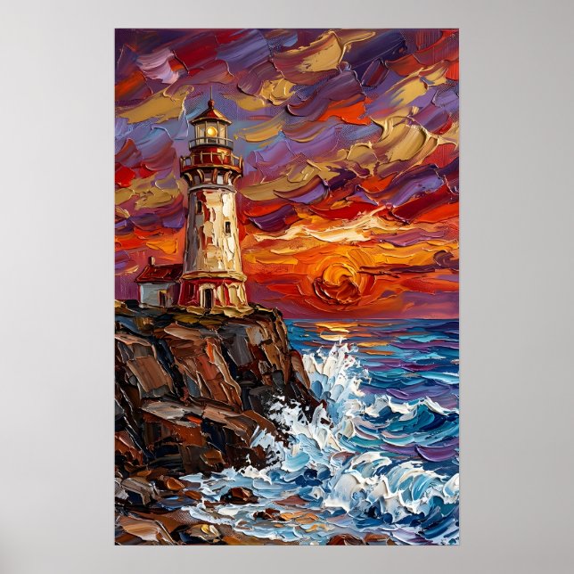 Póster Faro en puesta de sol dramática (Frente)