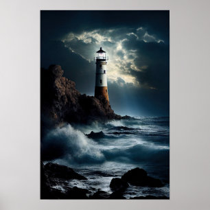 Póster Faro en Rocky Cliff con olas estrellándose