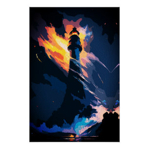 Póster Faro Etéreo – Paisaje Marítimo Dramático