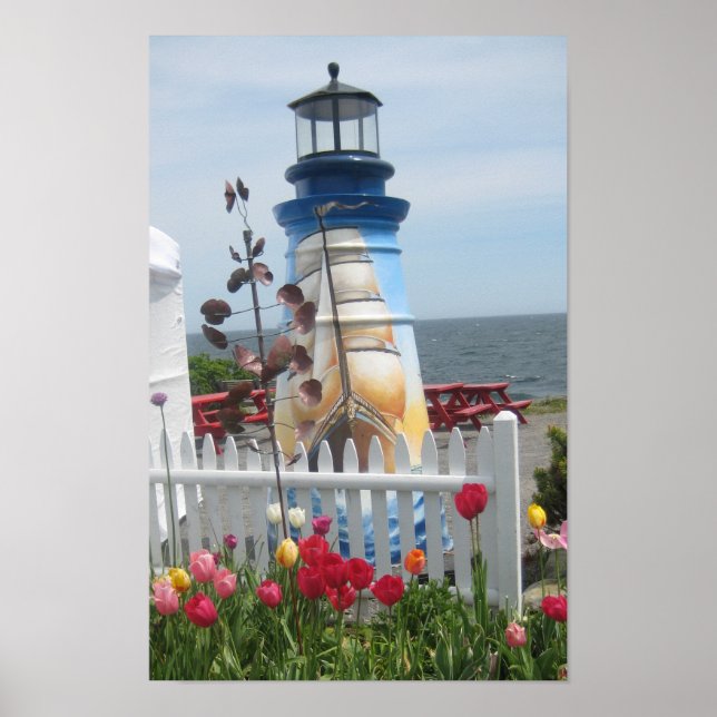 Póster Faro, flores y estampado de océano (Frente)