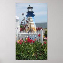 Póster Faro, flores y huella oceánica