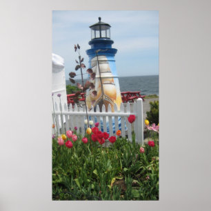 Póster Faro, flores y huella oceánica